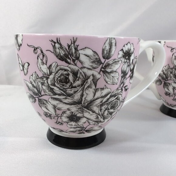 Portobello by Inspire Floral Mug Rose Pink Border Butterfly Black 2 Set Pedestal - Picture 5 of 13